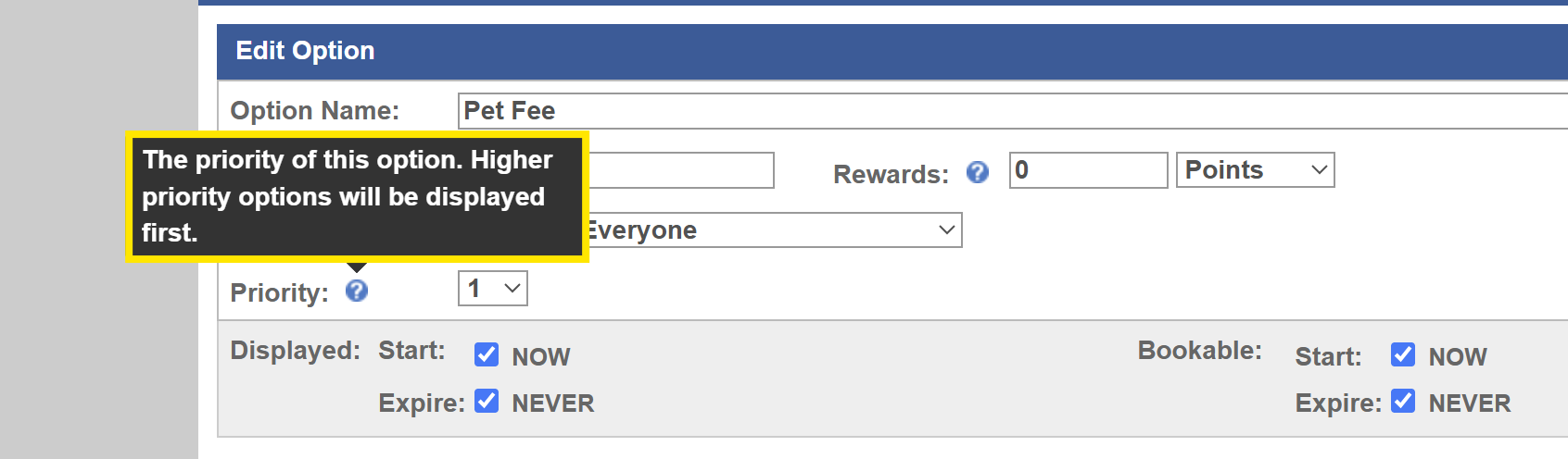 New BE - priority box in room options & promotions