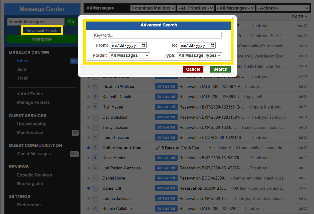 message center advanced search