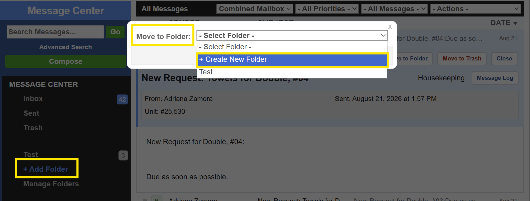 message center folder